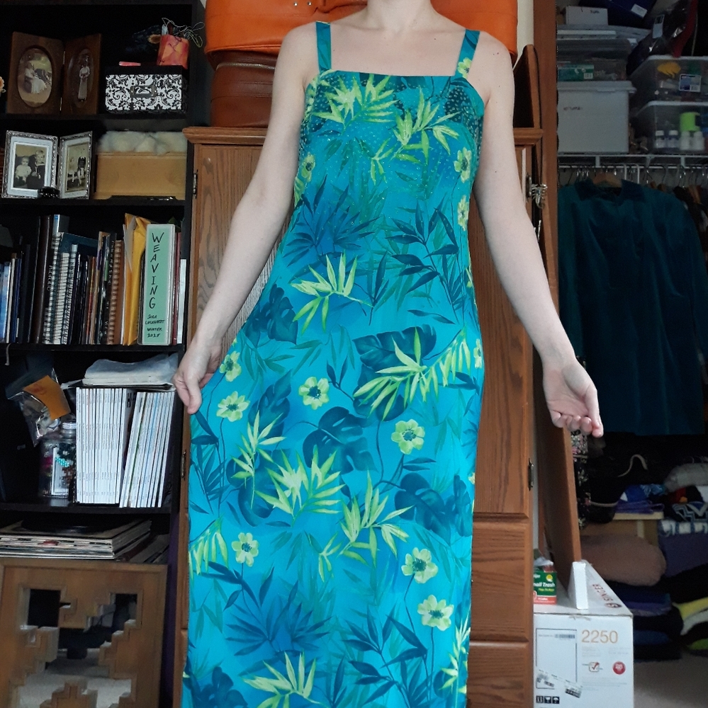 90s Robbie Bee Beaded Tropical Tank Dress Resort Vacation Beach Summer